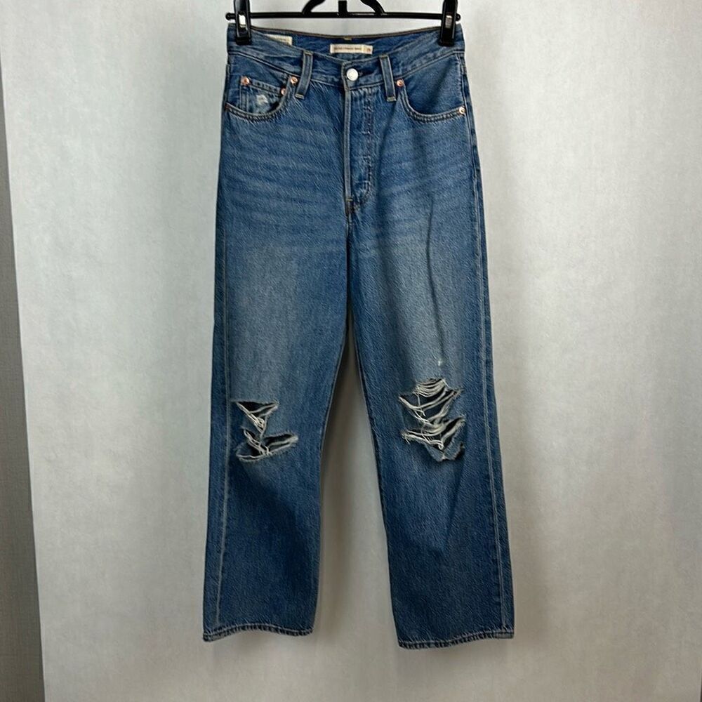 Levi’s Premium Ribcage Straight Ankle Denim Jeans Sz 26 Distressed Button Front
